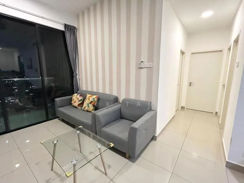 Living features: grey fabric sofa, decorative cushions, glass coffee table, floor-to-ceiling windows, curtains, light-colored walls with vertical stripes, tile flooring, recessed ceiling lights; style: modern; view: city. Room features: white painted walls, doorway leading to hallway, tile flooring.