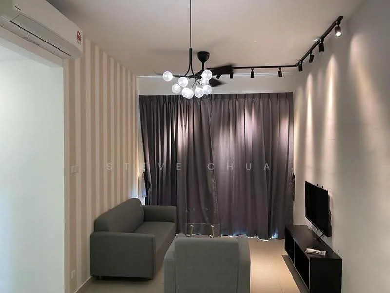 Living features: grey fabric 3-seater sofa, glass coffee table, wall-mounted TV, black TV console, recessed LED downlights, modern pendant light fixture with multiple bulbs, floor-to-ceiling curtains in grey, light grey painted walls with vertical stripes, air conditioning unit on wall, light-colored tile flooring; style: modern.