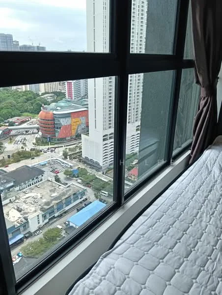 Room features: floor-to-ceiling windows, curtains, view of city skyline, view of nearby buildings, bed with mattress, white bedding; view: city.