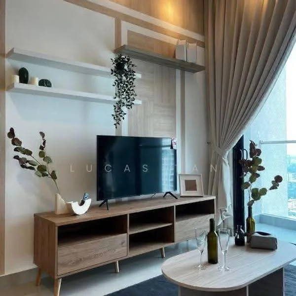 Living features: wooden TV console with open shelving, black flat-screen TV, decorative plants on shelves, curtains with a neutral color, light-colored wall with wood paneling, round coffee table, glass vases with decorative branches, wine glasses on the table; style: modern; view: city.