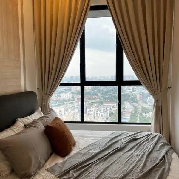 Bedroom features: king-size bed with grey bedding, upholstered headboard, two decorative pillows in grey and orange, floor-to-ceiling window, black window frame, sheer curtains, city view, wood paneling on the wall, recessed lighting; style: modern; view: city.