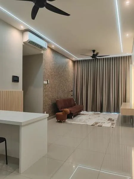 Living features: cream painted walls, wood accent wall, glossy tile flooring, recessed LED downlights, 2-blade ceiling fan, 3-seater brown leather sofa, area rug with geometric pattern, floor-to-ceiling curtains, wall-mounted air conditioning unit, decorative wall paneling, open layout to kitchen, small side table; style: modern.