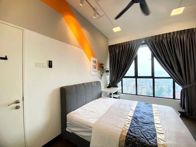 Bedroom features: king-size bed with grey upholstered headboard, white bedding, floor-to-ceiling windows, city view, grey curtains, ceiling fan, wall-mounted bedside table, decorative wall art, wooden flooring, light fixtures on ceiling; style: modern; view: city.