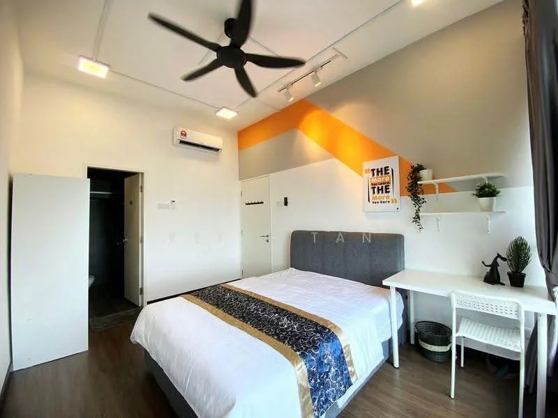Bedroom features: king-size bed with white bedding, upholstered headboard in grey, 2 bedside lamps, study desk with chair, wall-mounted shelves, ceiling fan with 3 blades, 1 wall-mounted split AC, wooden flooring, white painted walls, decorative wall art, curtains, potted plant; style: modern.