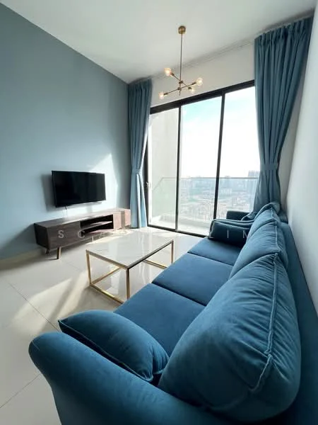 Living features: blue fabric sofa, gold coffee table with marble top, wall-mounted TV, light fixture with multiple bulbs, floor-to-ceiling windows, sheer curtains, grey accent wall, white tiled flooring; style: modern; view: city.