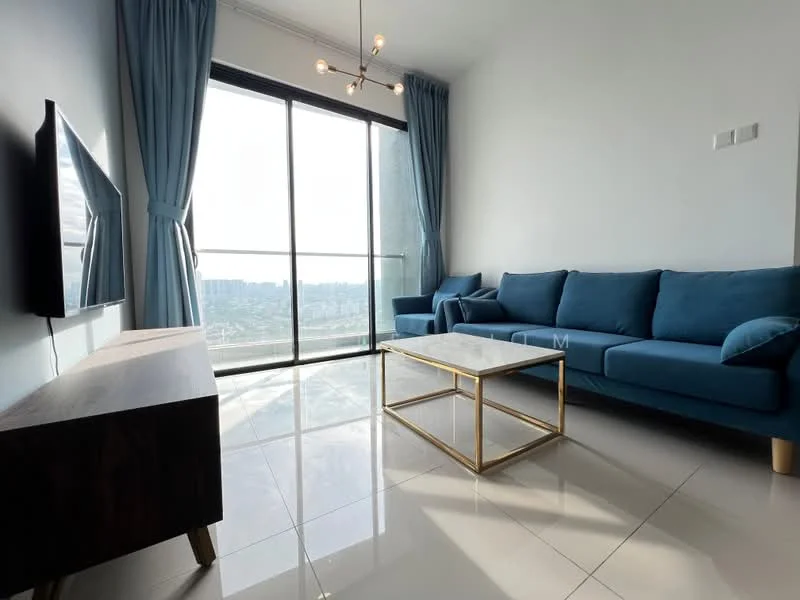 Living features: blue fabric sofa, coffee table with gold frame, wall-mounted TV, floor-to-ceiling windows, sheer curtains, marble tile flooring, chandelier with multiple bulbs, city skyline view; style: modern; view: city.
