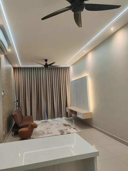Living features: 5-blade ceiling fan, recessed LED strip lighting, wall-mounted TV console, cream curtains, floor-to-ceiling windows, light-colored wall, neutral-toned area rug, sofa in brown, decorative wall paneling, ceramic tile flooring; style: modern.
