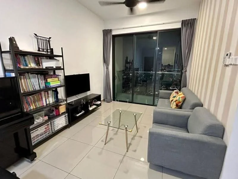 Living features: grey fabric 2-seater sofa, grey fabric armchair, glass coffee table, black TV console, wall-mounted TV, bookshelf with open shelving, floor-to-ceiling windows, curtains, recessed downlights, ceiling fan, white painted walls, glossy tile flooring; style: modern; view: city.