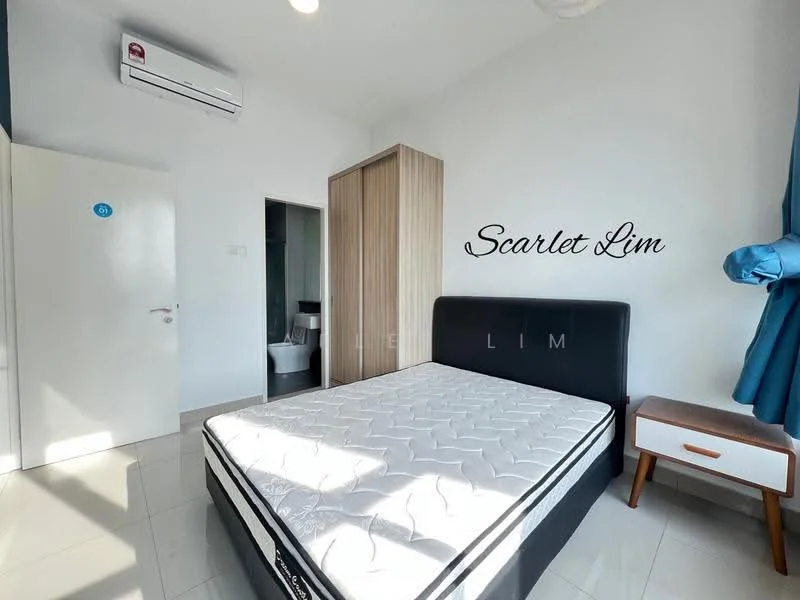 Bedroom features: queen-size bed, upholstered headboard, white bedding, built-in wardrobe with wood finish, white painted walls, tile flooring, 1 wall-mounted split AC, curtains in blue, decorative wall lettering, door leading to bathroom, light fixture on ceiling; style: modern.
