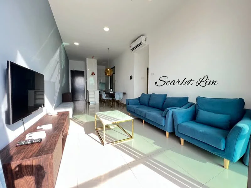 Living features: 3-seater fabric sofa in teal, 2-seater fabric sofa in teal, gold coffee table with glass top, wall-mounted TV, wooden TV console, white walls, recessed downlights, air conditioning unit, floor-to-ceiling windows, tile flooring, decorative wall art; style: modern.