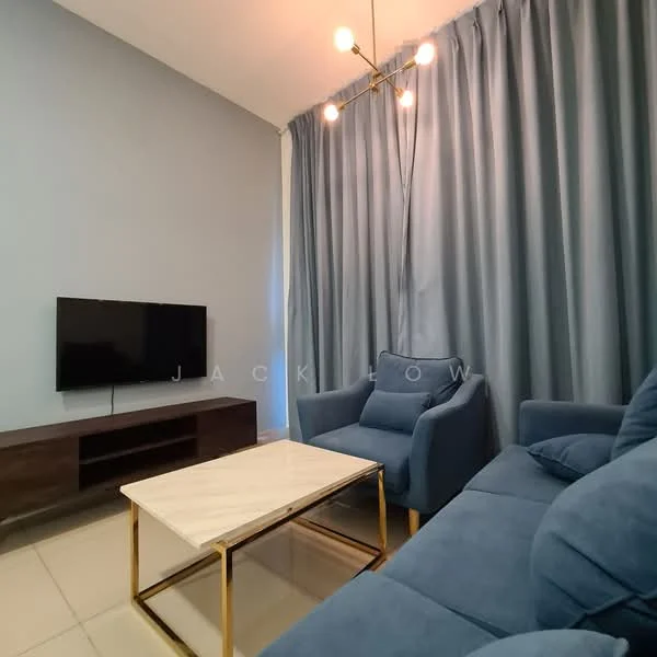 Living features: light blue painted walls, cream tiled flooring, sofa in blue fabric, coffee table with marble top and gold legs, wall-mounted TV, wooden TV console, chandelier with multiple bulbs, floor-to-ceiling curtains in grey, armchair in blue fabric; style: modern.
