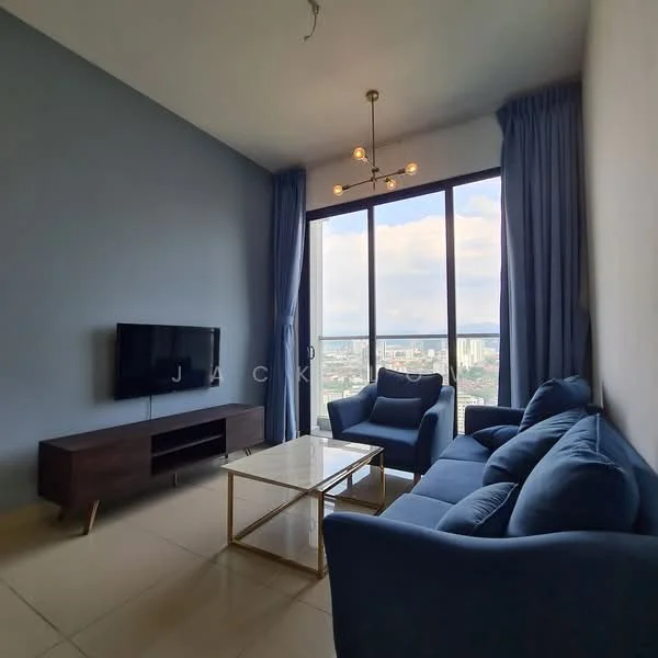 Living features: blue fabric 3-seater sofa, 2 blue armchairs, glass coffee table with gold legs, wall-mounted flat-screen TV, light fixture with multiple bulbs, floor-to-ceiling windows, curtains in light blue, cream tiled flooring, city view from windows, neutral painted walls; style: modern; view: city.