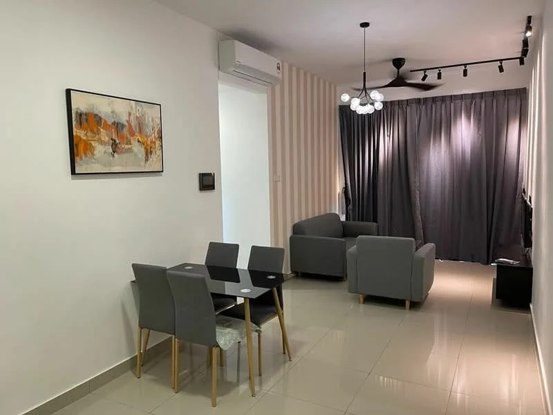 Living features: grey fabric sofa, 2-seater sofa, glass coffee table, 4 grey dining chairs, dining table with glass top, wall-mounted TV, curtains in dark grey, recessed ceiling lights, 1 wall-mounted split AC, light fixture with multiple bulbs, white painted walls, cream tiled flooring; style: modern.