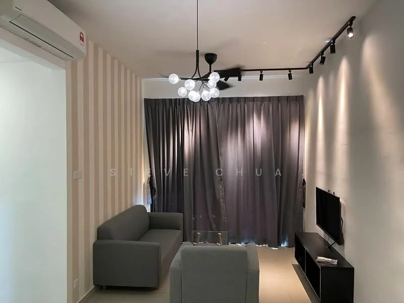 Living features: grey fabric 3-seater sofa, black TV console, wall-mounted TV, chandelier with multiple bulbs, track lighting, floor-to-ceiling curtains in grey, light-coloured wall with vertical stripes, cream tiled flooring, wall-mounted air conditioning unit; style: modern.
