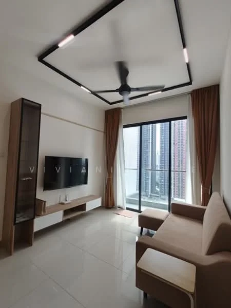 Living features: 3-seater fabric sofa in beige, coffee table, wall-mounted TV, TV console with storage, floor-to-ceiling windows, sliding glass door, curtains in brown, recessed downlights, 5-blade ceiling fan with light, white painted walls, glossy tile flooring; style: modern; view: city.