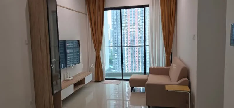 Living features: floor-to-ceiling windows, curtains, light brown fabric sofa, wooden coffee table, TV console with storage, wall-mounted TV, cream painted walls, glossy tile flooring, recessed downlights, decorative wall paneling; style: modern; view: city.