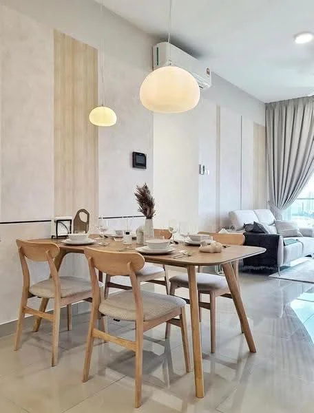 Dining features: round wooden dining table, 4 wooden dining chairs, white tableware, glass vase with decorative plant, pendant light fixture, wall-mounted air conditioning unit, light grey wall with wood paneling, cream curtains, polished tile flooring, sofa visible in background, decorative wall art; style: modern.
