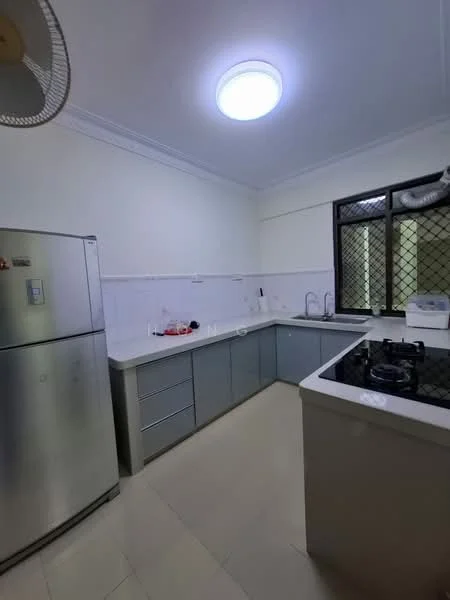 Kitchen features: stainless-steel fridge, grey cabinetry, white countertop, built-in gas hob, single-bowl stainless-steel sink, chrome pull-down faucet, white tiled backsplash, window with security grille, ceiling light fixture, wall-mounted exhaust fan, cream tiled flooring; style: modern.