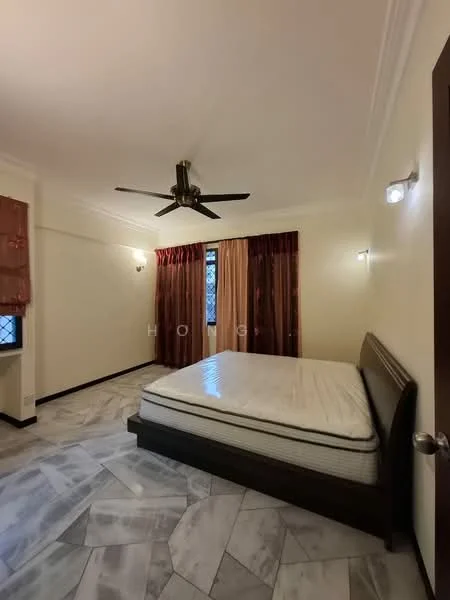 Bedroom features: queen-size bed, 5-blade ceiling fan, marble flooring, cream painted walls, curtains in red and beige, window with grille, wall-mounted light fixtures.