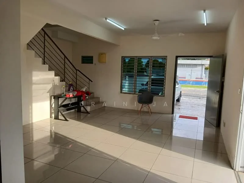 Room features: white painted walls, glossy ceramic tile flooring, ceiling fan, large windows with horizontal slats, staircase with metal railing, table with black legs, grey chair, door leading outside, natural light from windows, open layout; style: modern; view: street.
