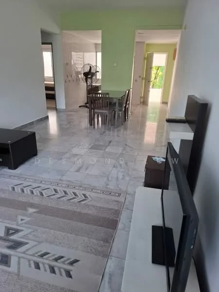 Living features: marble flooring, green painted walls, ceiling fan, wall-mounted TV, coffee table, sofa, area rug with geometric pattern, dining table with chairs; style: modern.