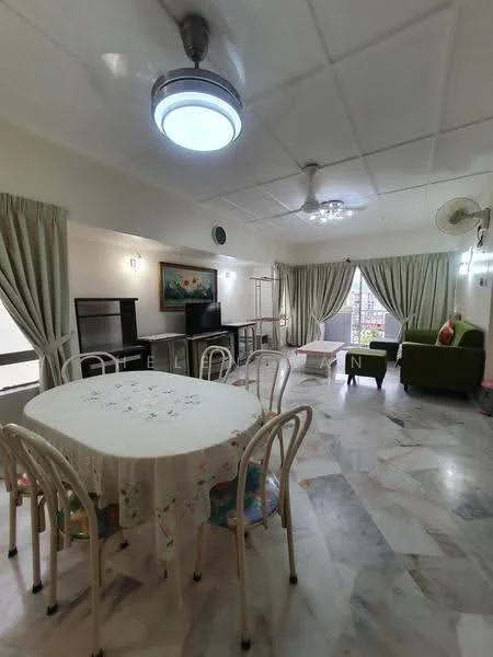 Living features: marble flooring, white painted walls, tray ceiling with recessed lighting, 5-blade ceiling fan, large windows with sheer curtains, green fabric sofa, dining table with tablecloth and chairs, TV console, wall-mounted TV, decorative artwork on wall, air conditioning unit; style: modern; view: city.