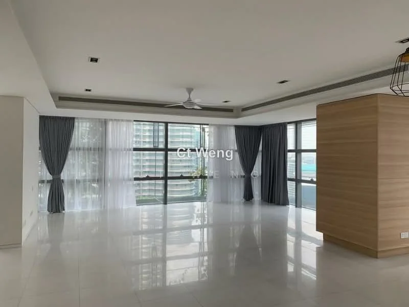 Living features: white painted walls, polished tile flooring, tray ceiling, 5-blade ceiling fan with light, floor-to-ceiling windows, sheer curtains, dark grey curtains, wood feature wall, open layout, natural light, city view; style: modern; view: city.