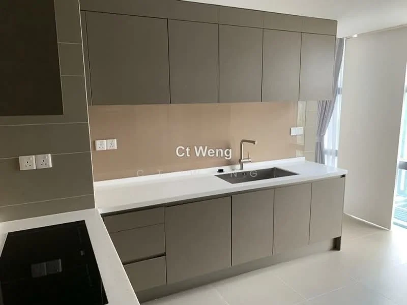 Kitchen features: grey cabinetry, white countertop, single-bowl stainless-steel sink, chrome pull-down faucet, built-in induction cooktop, tile backsplash, under-cabinet lighting, floor-to-ceiling windows, curtain treatment, light-colored tile flooring; style: modern.