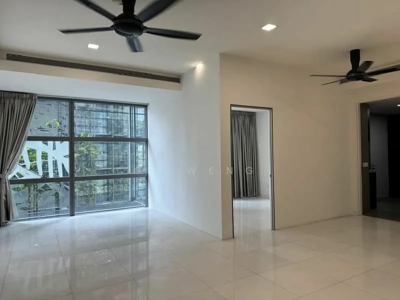 Living features: white painted walls, glossy white tile flooring, floor-to-ceiling windows, sheer curtains, 2 ceiling fans, recessed downlights, open layout, view of greenery; style: modern; view: garden.