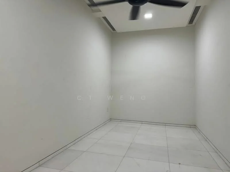 Room features: white painted walls, ceiling with recessed lighting, 5-blade ceiling fan, white tiled flooring, corner room, no visible furniture, minimal decor; style: modern.