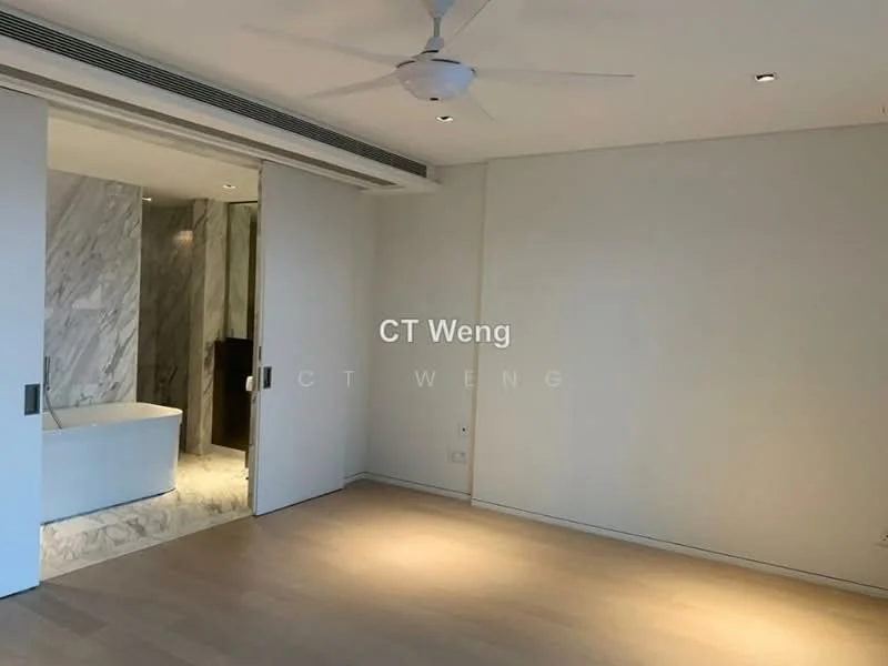 Room features: wooden flooring, white painted walls, ceiling fan, recessed downlights, sliding door, marble accent wall, bathtub, vanity unit; style: modern.