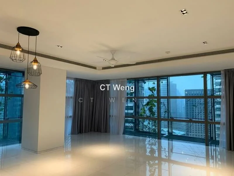 Living features: white painted walls, polished marble flooring, tray ceiling, 3-blade ceiling fan, 2 pendant lamps with wire cages, floor-to-ceiling windows, sheer curtains, city view; style: modern; view: city.
