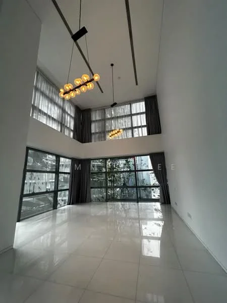 Living features: white painted walls, high ceilings, large floor-to-ceiling windows, grey curtains, polished marble flooring, chandelier lighting, recessed ceiling lights, indoor plants visible; style: modern; view: city.
