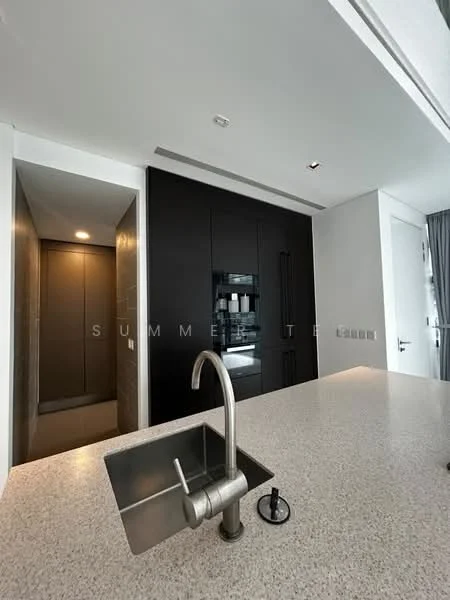 Kitchen features: granite countertop, single-bowl stainless-steel sink, chrome pull-down faucet, black cabinetry, built-in oven, recessed downlights, open layout, grey walls, sliding door to hallway; style: modern. Room features: grey walls, recessed lighting, doorway leading to hallway.
