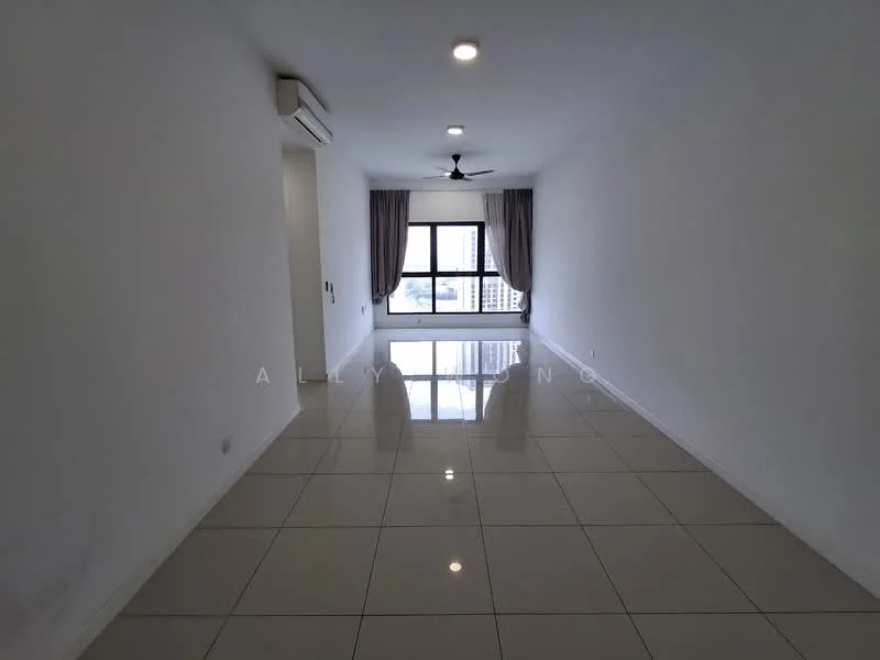 Living features: white painted walls, glossy ceramic tile flooring, 5-blade ceiling fan with light, floor-to-ceiling windows, sheer curtains, recessed downlights, air conditioning unit, neutral color scheme; style: modern; view: city.