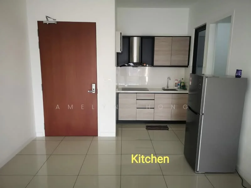Kitchen features: white painted walls, cream cabinetry, stainless-steel fridge, single-bowl stainless-steel sink, chrome pull-down faucet, white countertop, ceramic tile flooring, built-in oven, 4-burner gas hob, exhaust hood, kitchen mat, window, door, kitchen towel holder; style: modern.