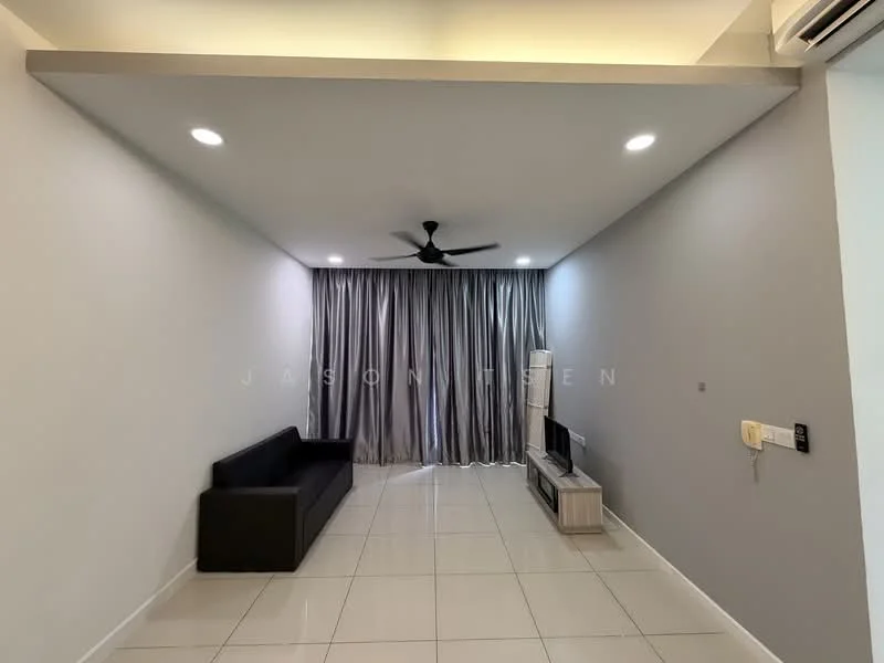 Living features: grey painted walls, white ceiling, 5-blade ceiling fan with light, floor-to-ceiling curtains, white tiled flooring, black fabric sofa, TV console, wall-mounted TV, recessed LED downlights; style: modern.