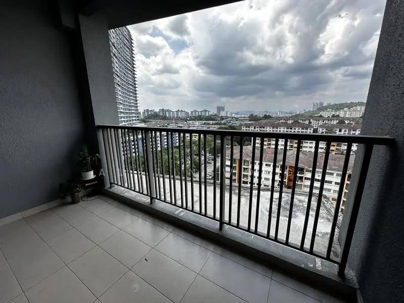 Room features: grey painted walls, floor-to-ceiling sliding glass door, ceramic tile flooring, balcony railing, city skyline view, potted plant; view: city.