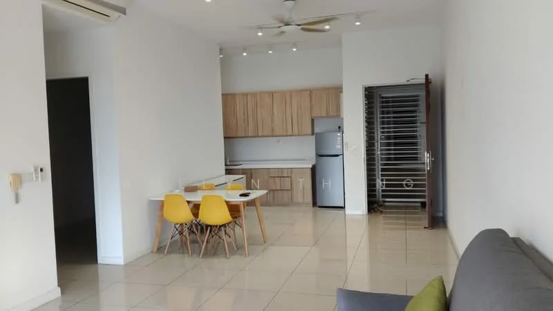 Living features: grey fabric sofa, 3-seater sofa, dining table with 4 yellow chairs, kitchen with wooden cabinetry, stainless-steel fridge, ceramic tile flooring, recessed downlights, ceiling fan, open layout, large windows, neutral painted walls; style: modern.