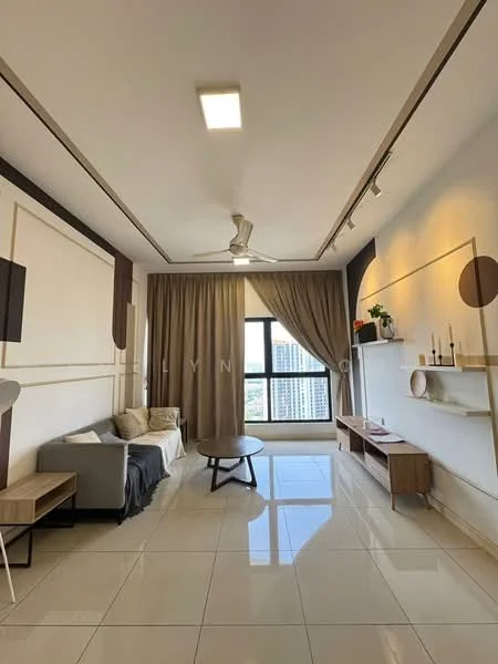 Living features: 3-seater fabric sofa in grey, round wooden coffee table, wall-mounted TV, floating wooden shelf, curtains in beige, floor-to-ceiling windows, white painted walls with decorative paneling, recessed downlights, polished ceramic tile flooring, ceiling fan with light; style: modern; view: city.