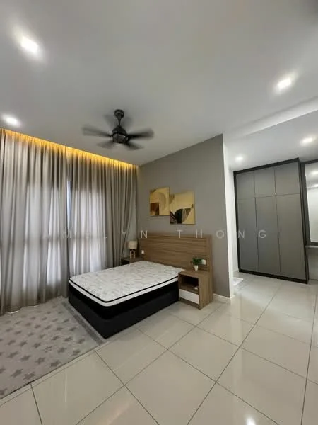 Bedroom features: queen-size bed, upholstered headboard, nightstand with drawer, framed wall mirrors, ceiling fan, floor-to-ceiling curtains, light-colored walls, tile flooring, built-in wardrobe; style: modern.