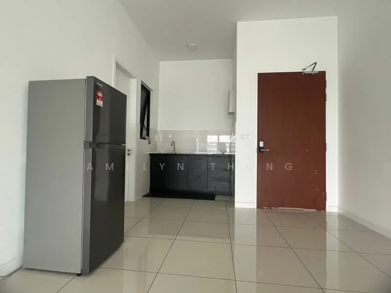 Kitchen features: grey stainless-steel fridge, black cabinetry, white tiled backsplash, white countertop, ceramic tile flooring, single-bowl stainless-steel sink, chrome pull-down faucet, window with black frame, recessed downlights, white painted walls; style: modern.