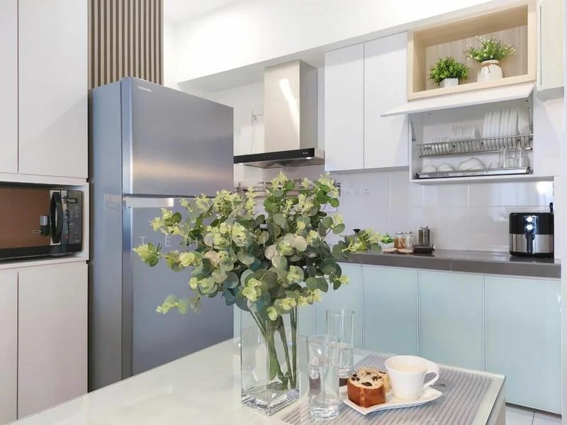 Kitchen features: stainless-steel fridge, built-in oven, microwave, white cabinetry, grey countertop, open shelving, dish rack, kitchen sink, glass vase with greenery, coffee machine, dining table, glassware, cup and saucer, plate with pastry; style: modern.