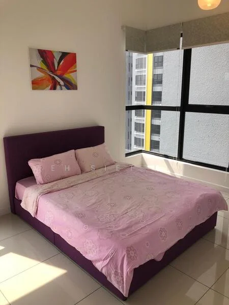 Bedroom features: queen-size bed with purple upholstered headboard, pink floral bedding, white walls, large floor-to-ceiling windows, curtains with a light pattern, decorative artwork on the wall, tile flooring, ceiling light fixture; style: modern; view: city.