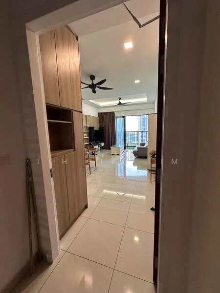 Room features: glossy ceramic tile flooring, white painted walls, tray ceiling with recessed lighting, 5-blade ceiling fan, floor-to-ceiling windows, curtains, wooden cabinetry, open layout, view of city skyline; style: modern; view: city.