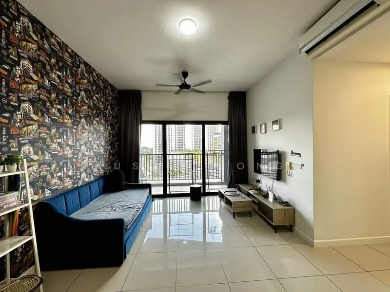 Living features: blue fabric sofa, wall-mounted TV, TV console, floor-to-ceiling windows, sliding glass door, curtains, ceiling fan, recessed downlights, decorative wall with cityscape pattern, white tiled flooring; style: modern; view: city.