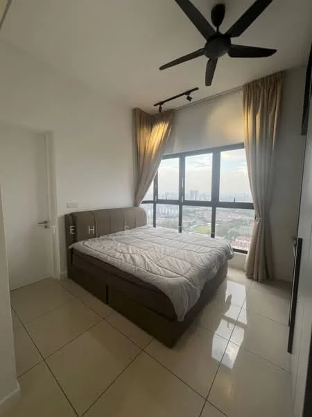 Bedroom features: king-size bed, upholstered headboard, floor-to-ceiling windows, sheer curtains, 5-blade ceiling fan, recessed downlights, cream painted walls, tile flooring, decorative wall paneling, city view; style: modern; view: city.