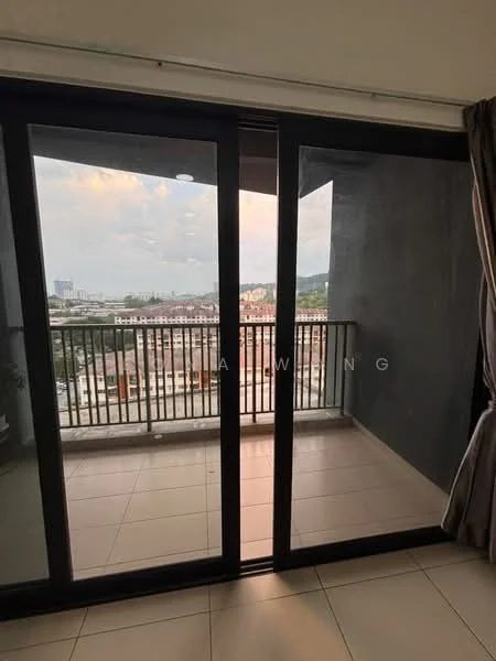 Room features: sliding glass door, floor-to-ceiling windows, grey walls, tile flooring, balcony view, curtains, outdoor railing, city skyline view; view: city.