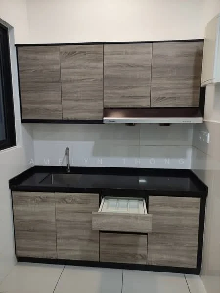 Kitchen features: laminate cabinetry with wood finish, black granite countertop, single-bowl stainless-steel sink, chrome pull-down faucet, built-in range hood, drawer under countertop, white tiled backsplash, white tiled flooring; style: modern.