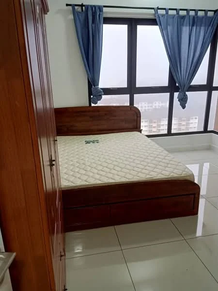 Bedroom features: queen-size bed frame, mattress, wooden wardrobe, floor-to-ceiling windows, blue curtains, white walls, glossy tile flooring, decorative wall paneling; style: modern; view: city.